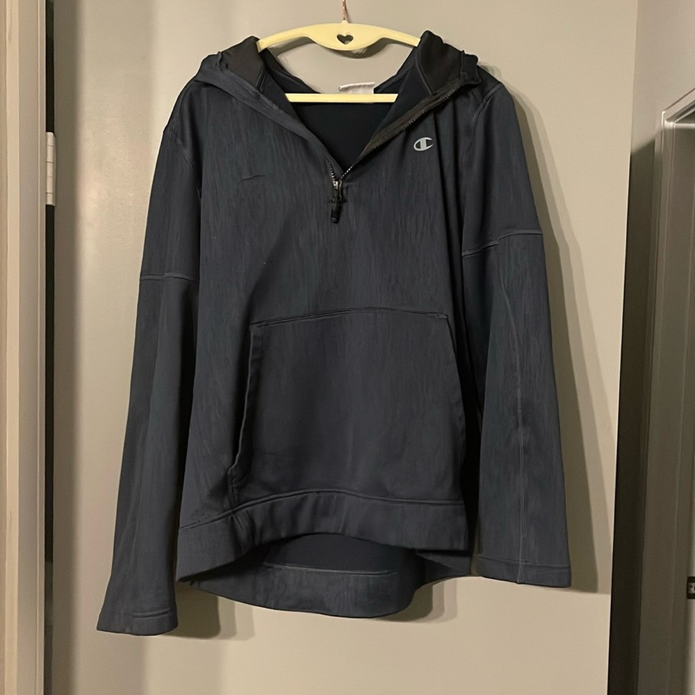 Navy and Black Champion Hoodie with Drawstrings and Zipper